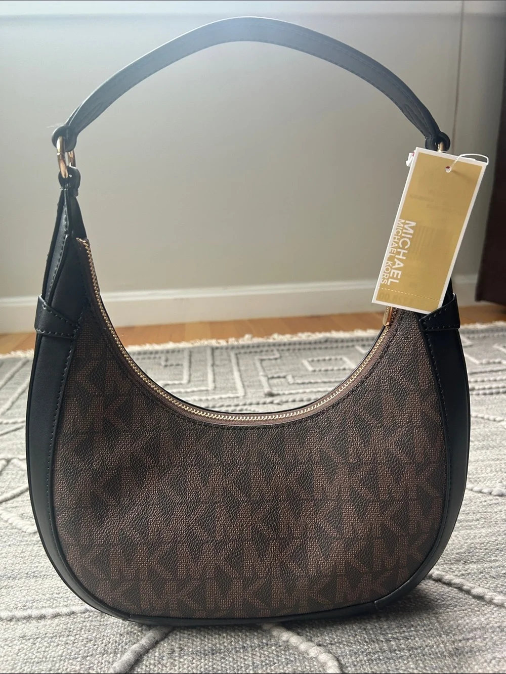 Michael Kors Preston Small Hobo Crescent Shoulder Bag in Brown MK Coated Canvas